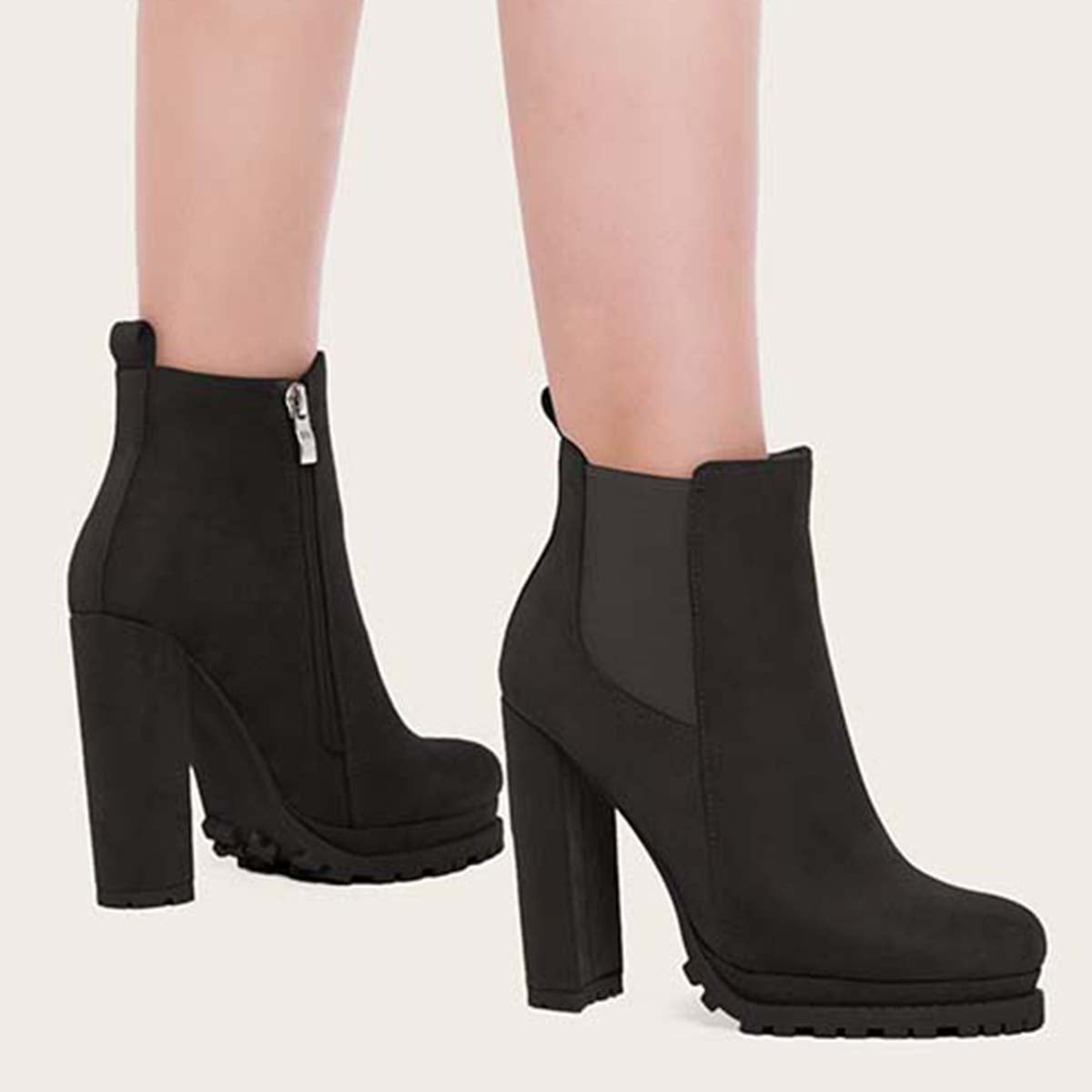 Women Platform Chelsea Ankle Boots Side Zipper Chunky High Heel Booties