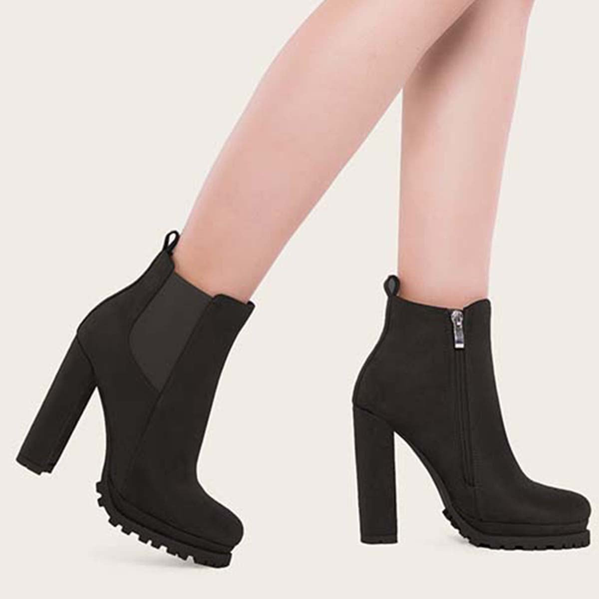 Women Platform Chelsea Ankle Boots Side Zipper Chunky High Heel Booties