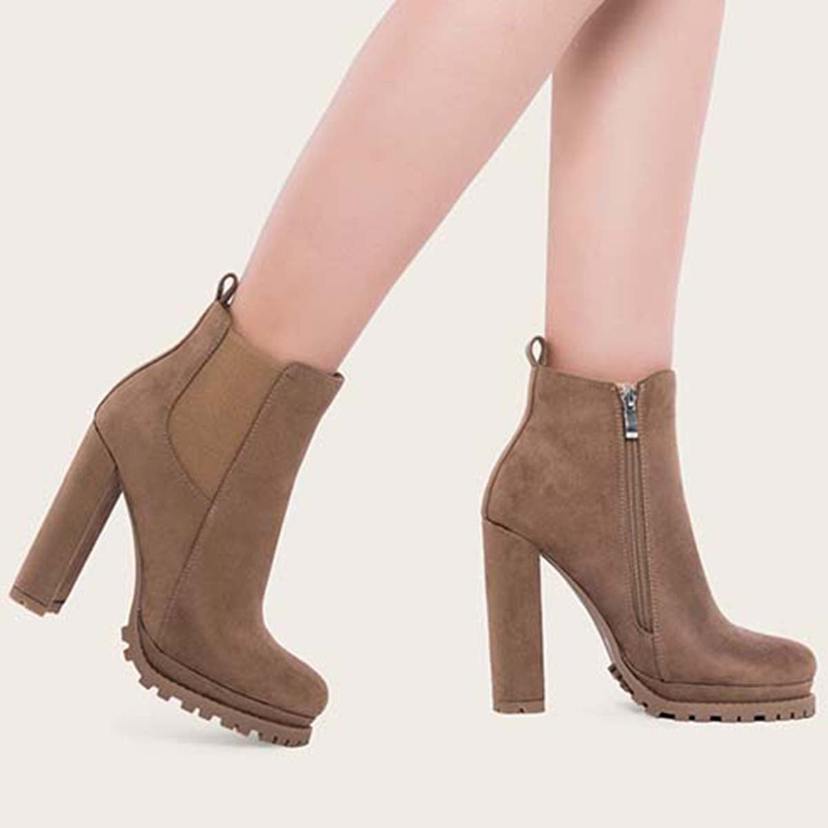 Women Platform Chelsea Ankle Boots Side Zipper Chunky High Heel Booties