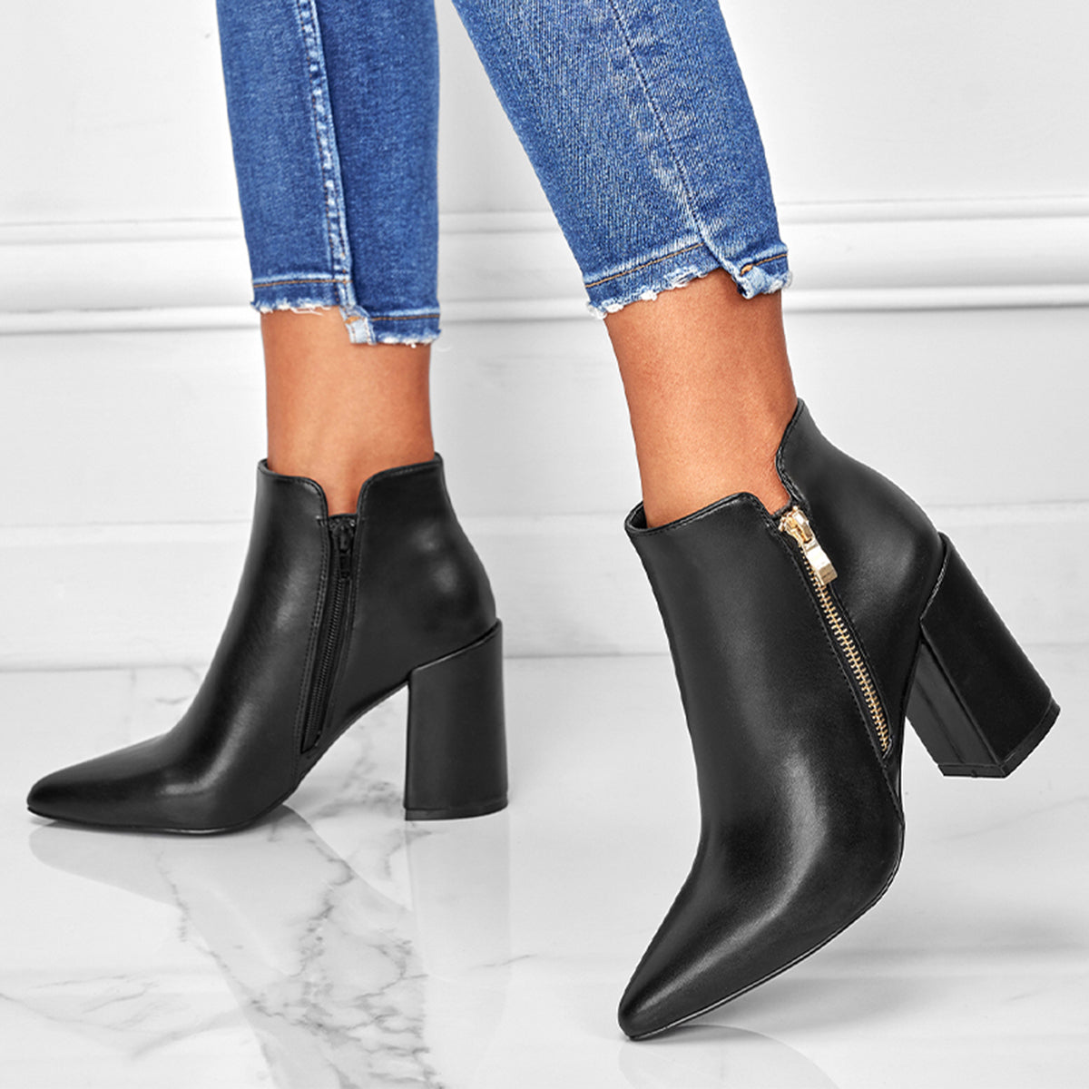 Women Chunky Heel Booties Pointed Toe Side Zip Ankle Boots