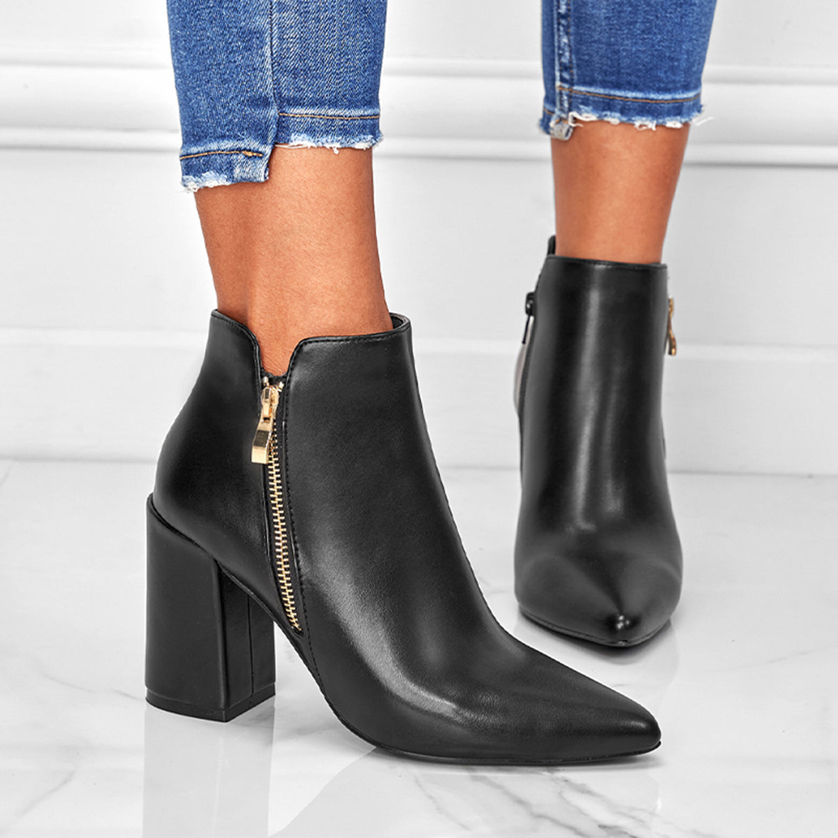 Women Chunky Heel Booties Pointed Toe Side Zip Ankle Boots