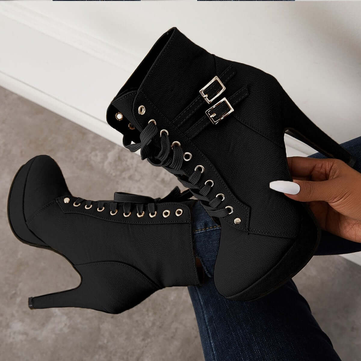 Chunky Platform High Heel Ankle Boots Lace Up Booties