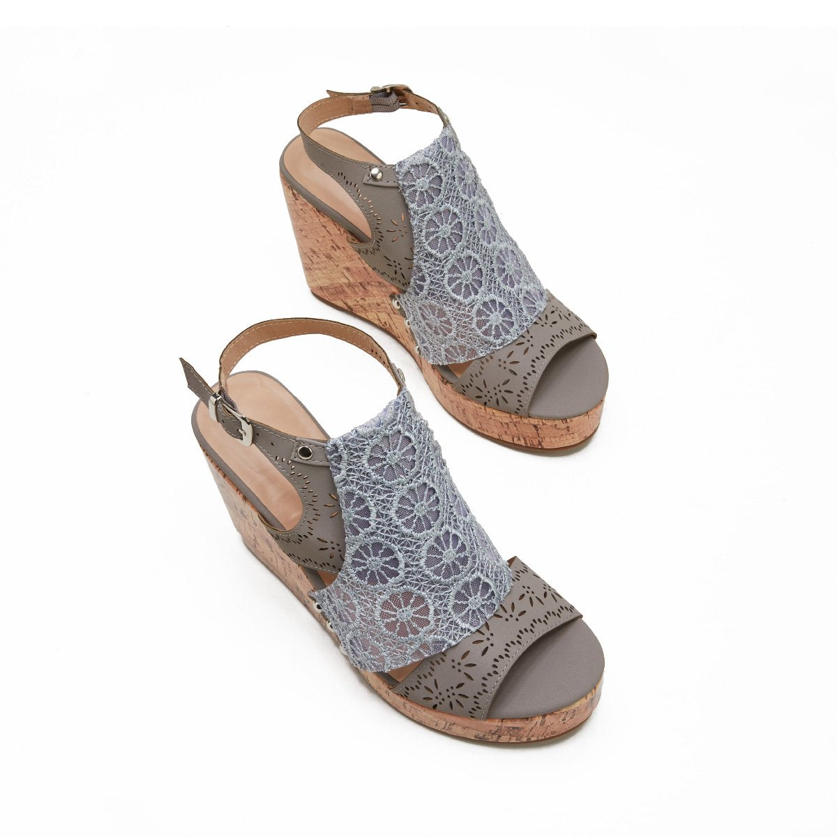 Women's Gray Summer Platform Wedge Sandals Open Toe Lace Cork High Heel Sandals