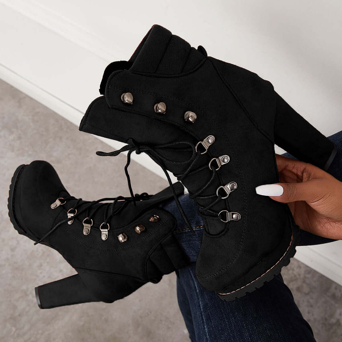 Non Slip Chunky Platform High Heels Lace Up Ankle Boots