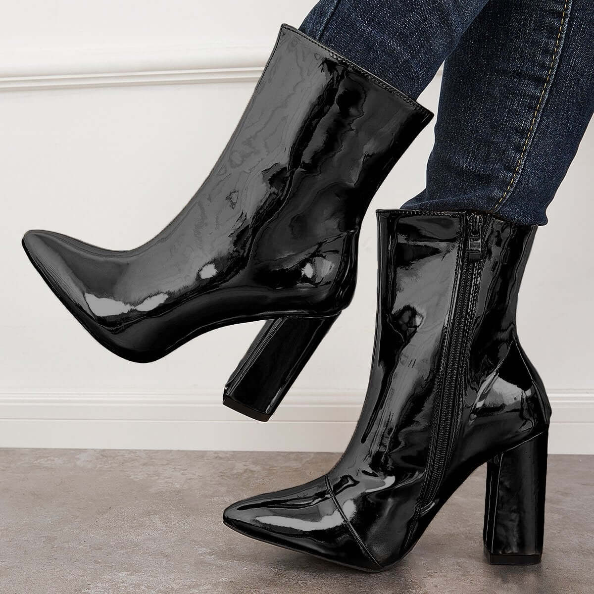 Women's Patent Leather Pointed Toe Ankle Boots Chunky High Heel Booties