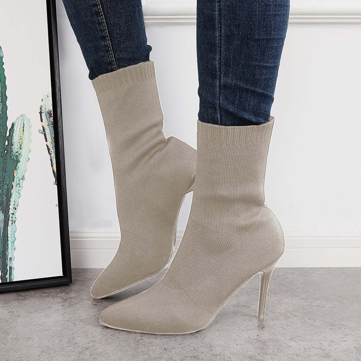 Women's Stretch Knit Sock Boots Pointed Toe Stiletto High Heel Boots