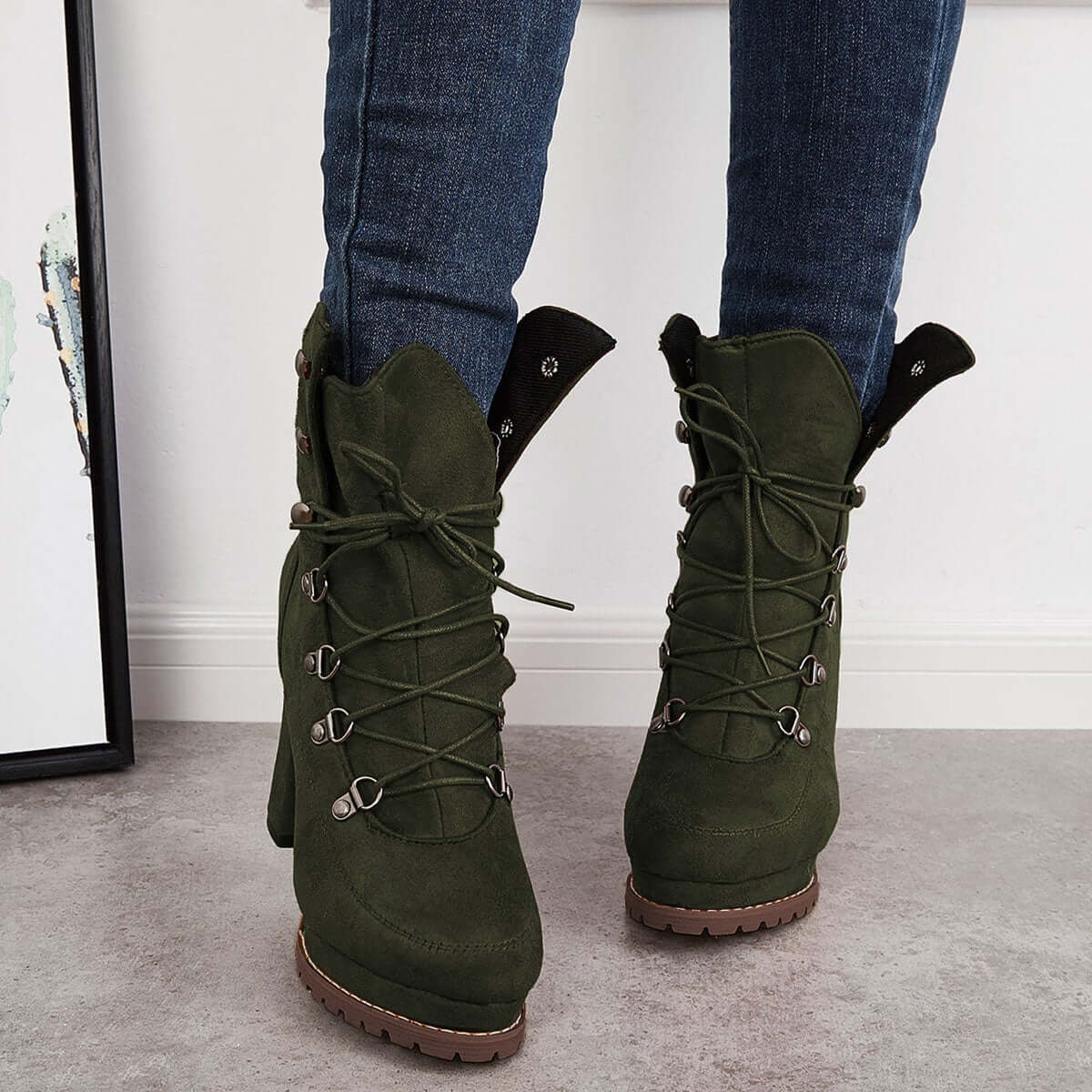 Women's Non Slip Chunky Platform High Heels Lace Up Ankle Boots