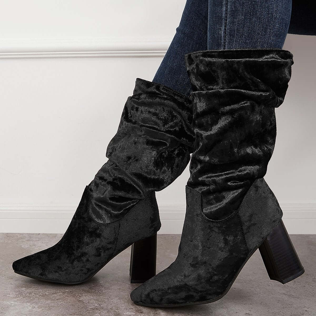 Slouch Mid Calf Boots Wide Calf Chunky Block Heel Boots for Women