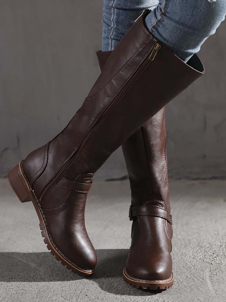 PU Round Toe Knee High Boots