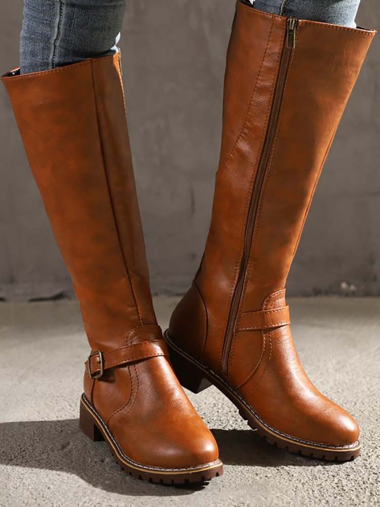 PU Round Toe Knee High Boots