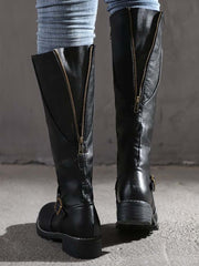 PU Round Toe Knee High Boots