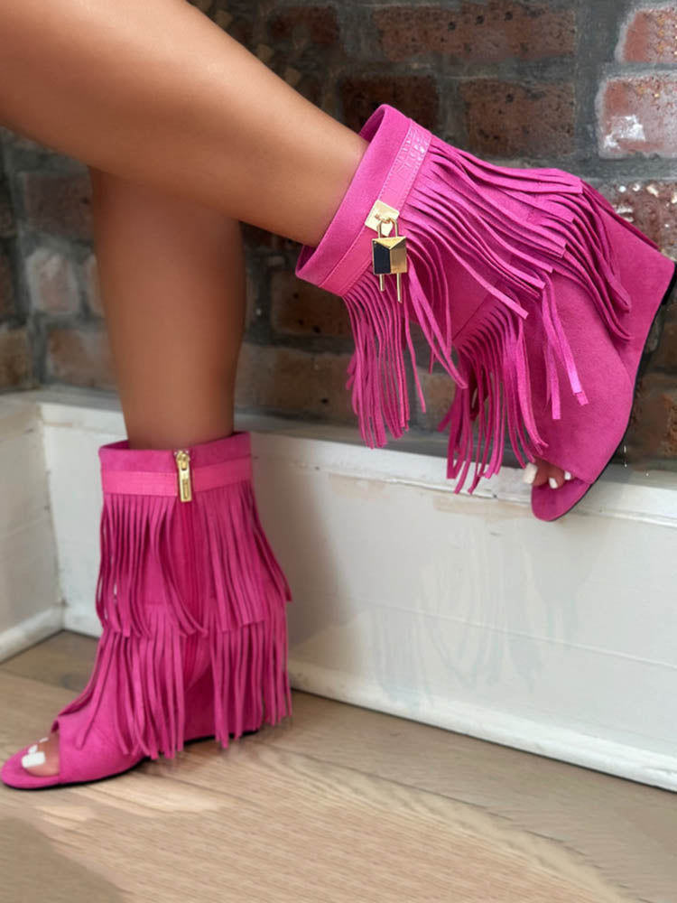 Fringe Open Toe Suede Boots