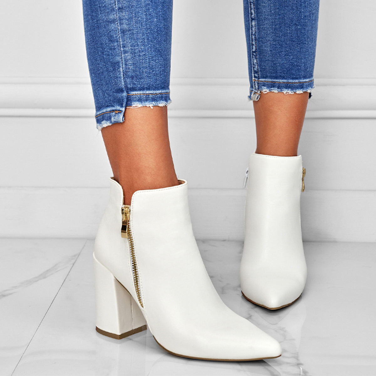 Women Chunky Heel Booties Pointed Toe Side Zip Ankle Boots