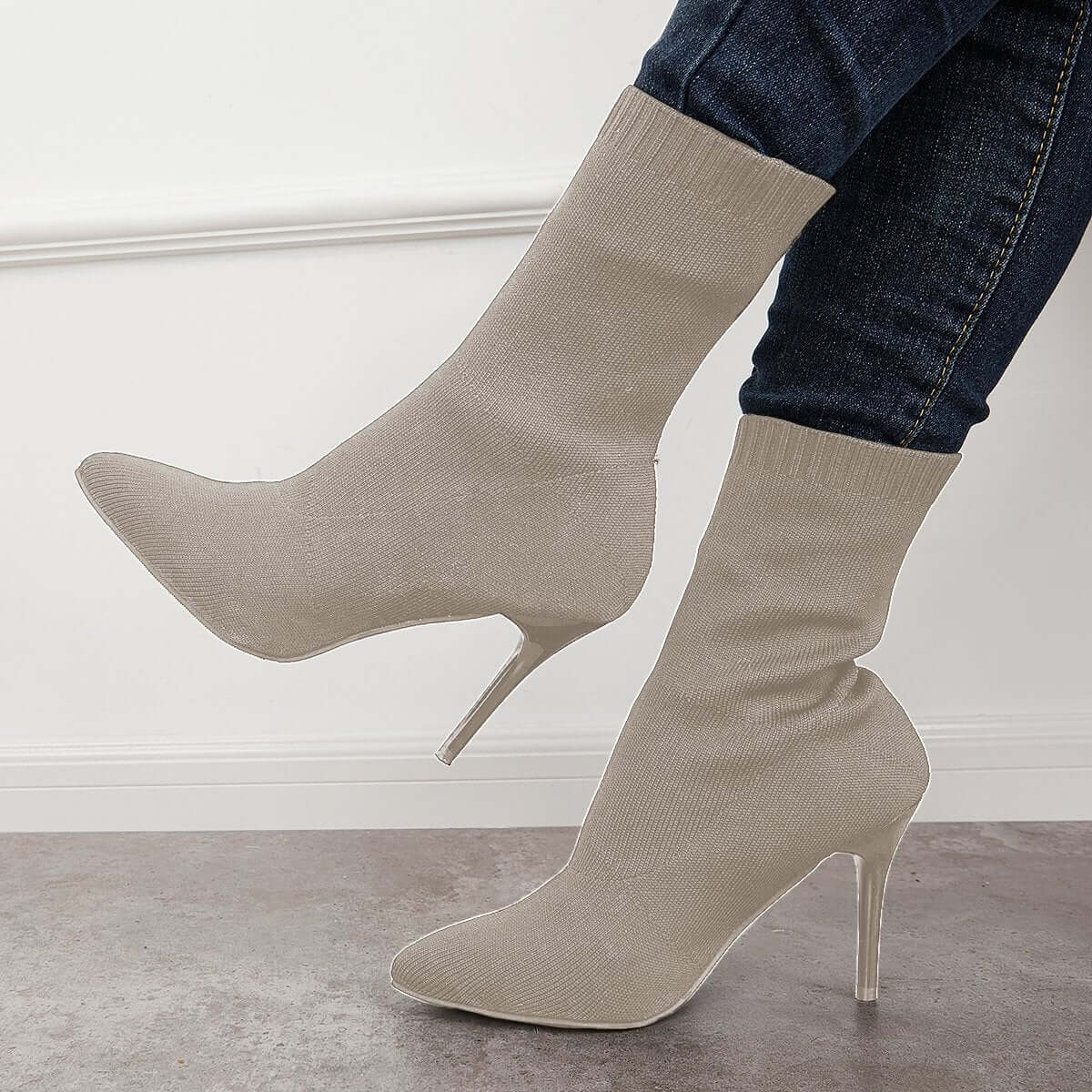 Women's Stretch Knit Sock Boots Pointed Toe Stiletto High Heel Boots