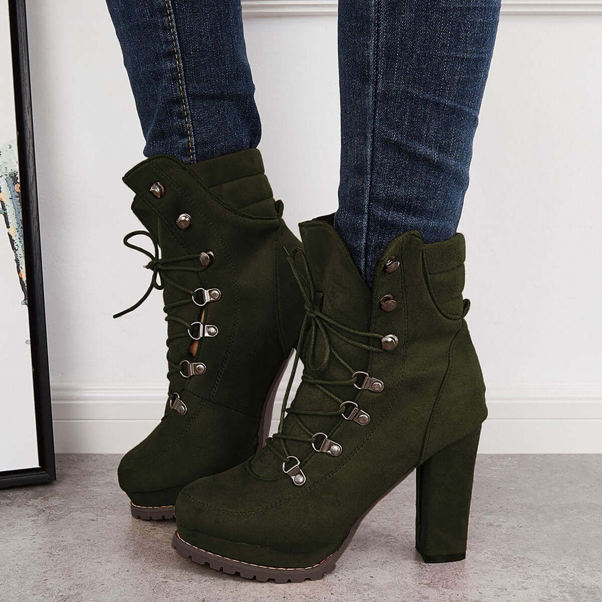 Women's Non Slip Chunky Platform High Heels Lace Up Ankle Boots