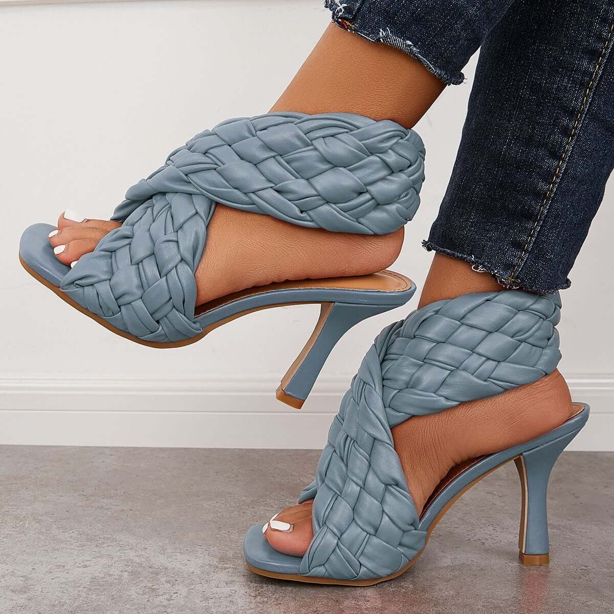 Braided Woven Stilettos High Heels Criss Cross Ankle Strap Sandals