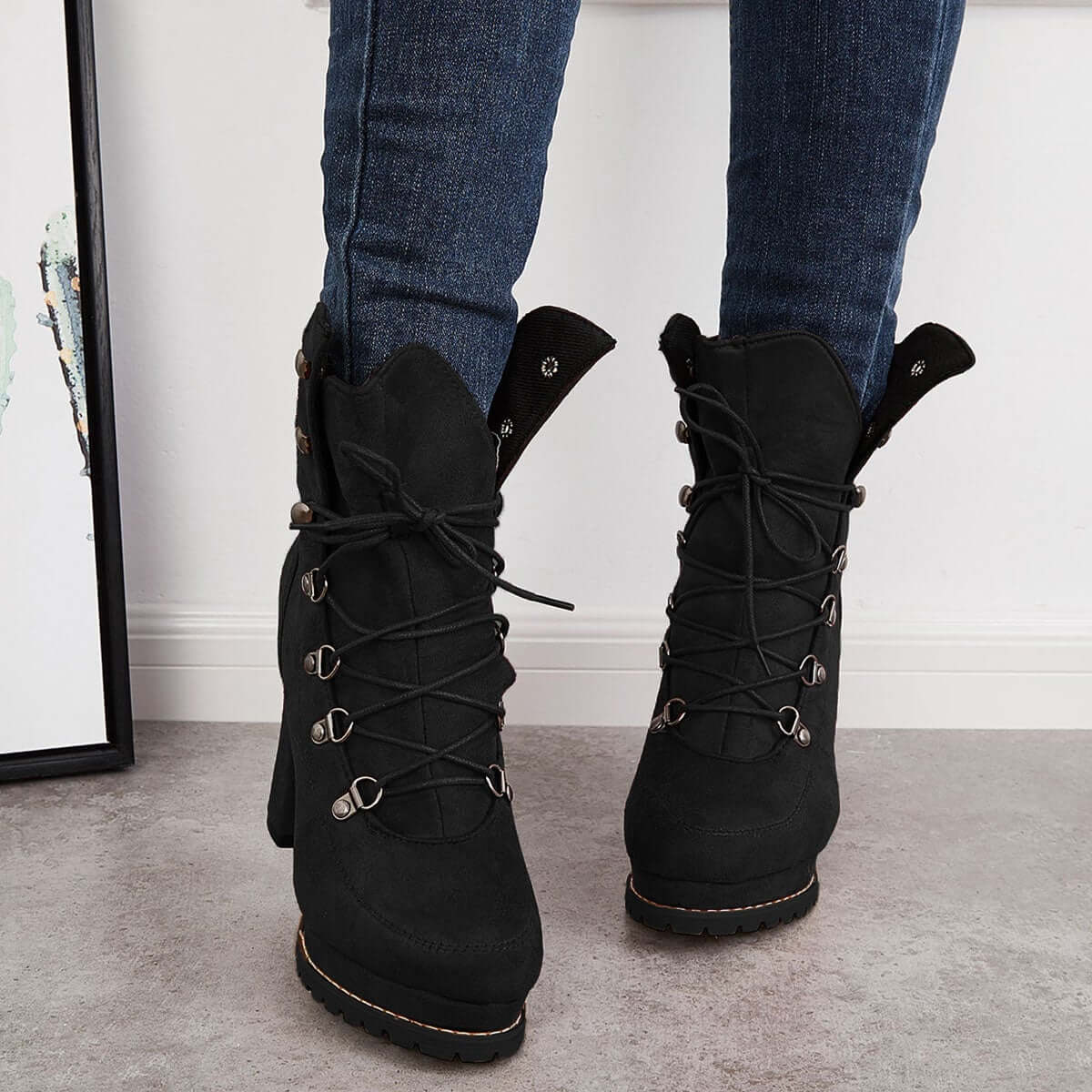 Women's Non Slip Chunky Platform High Heels Lace Up Ankle Boots