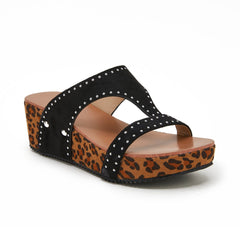 Women Leopard Printed Slip on Wedges Heel Gladiator Pumps Slide Sandals