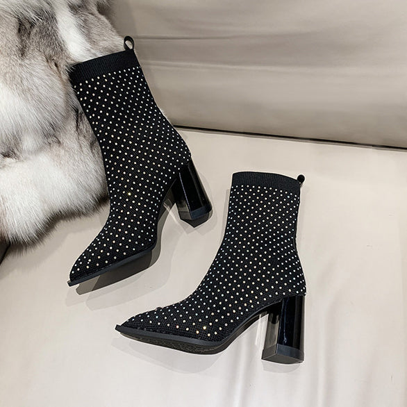 Futurecen-Rhinetone Decor Knit Chunky Heeled Ankle Boots