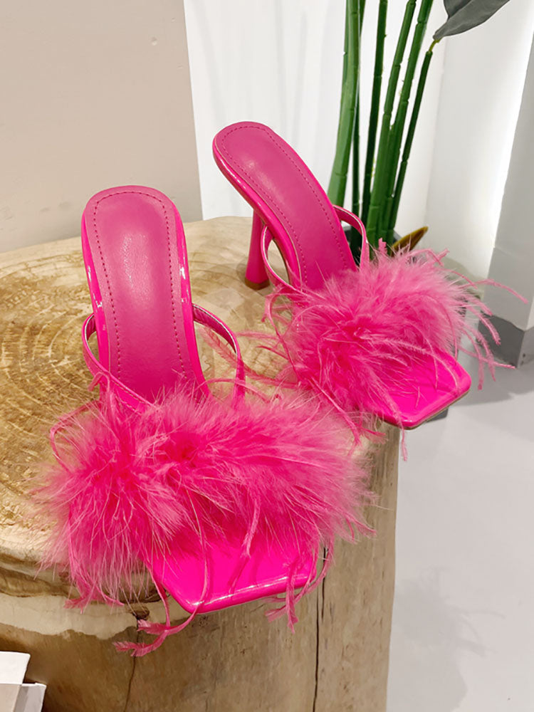 Feather Fur High Heel Mules