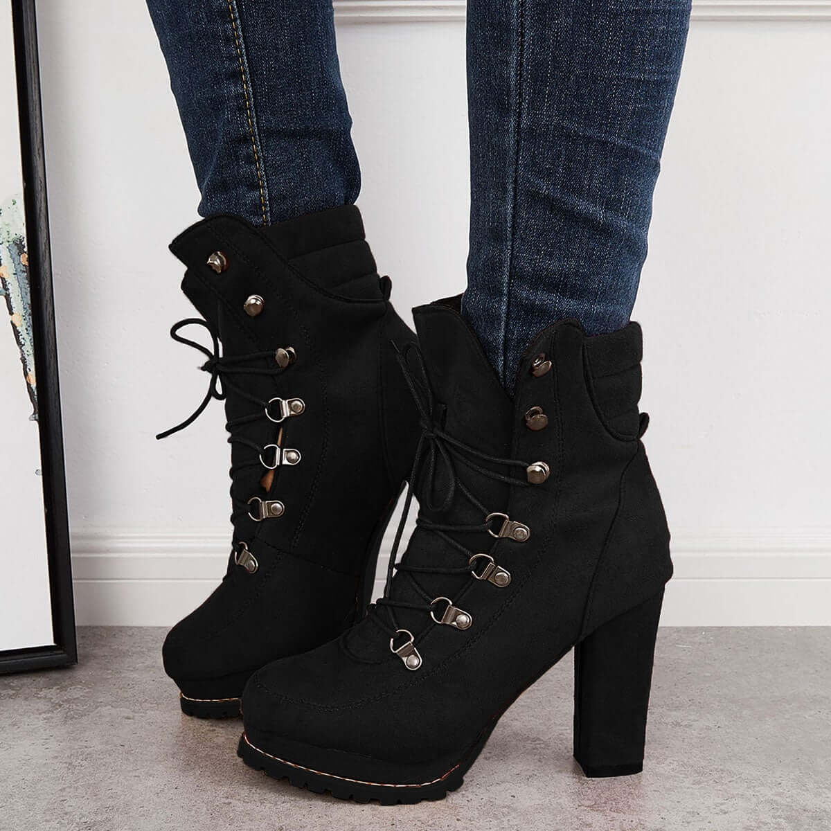 Non Slip Chunky Platform High Heels Lace Up Ankle Boots