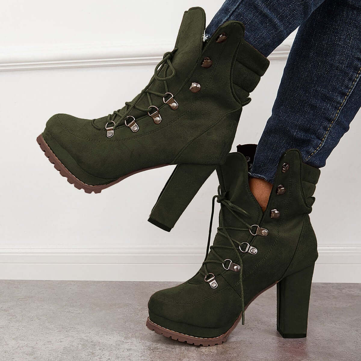 Non Slip Chunky Platform High Heels Lace Up Ankle Boots