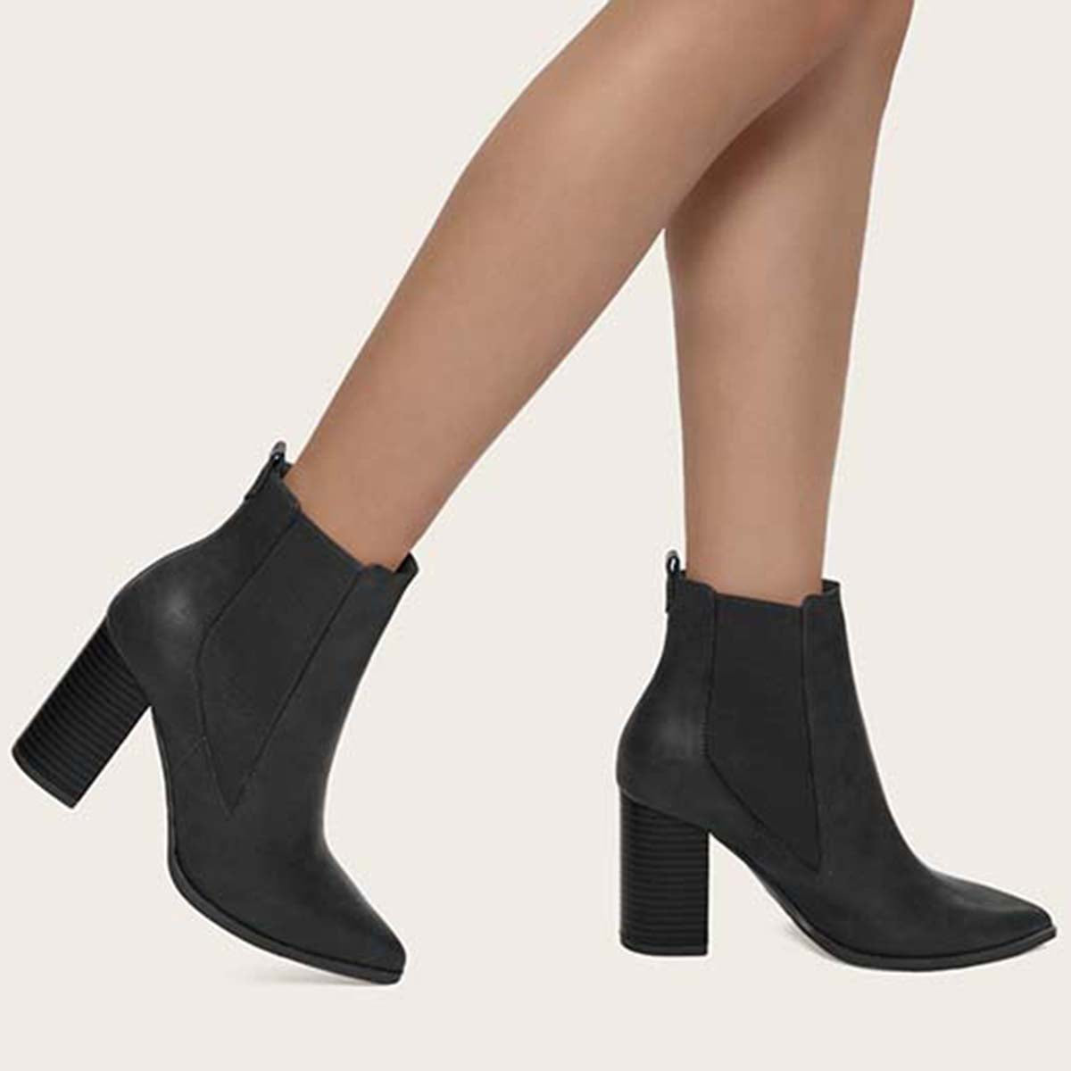 Women Chunky Heel Chelsea Booties Pointy Toe Western Ankle Boots