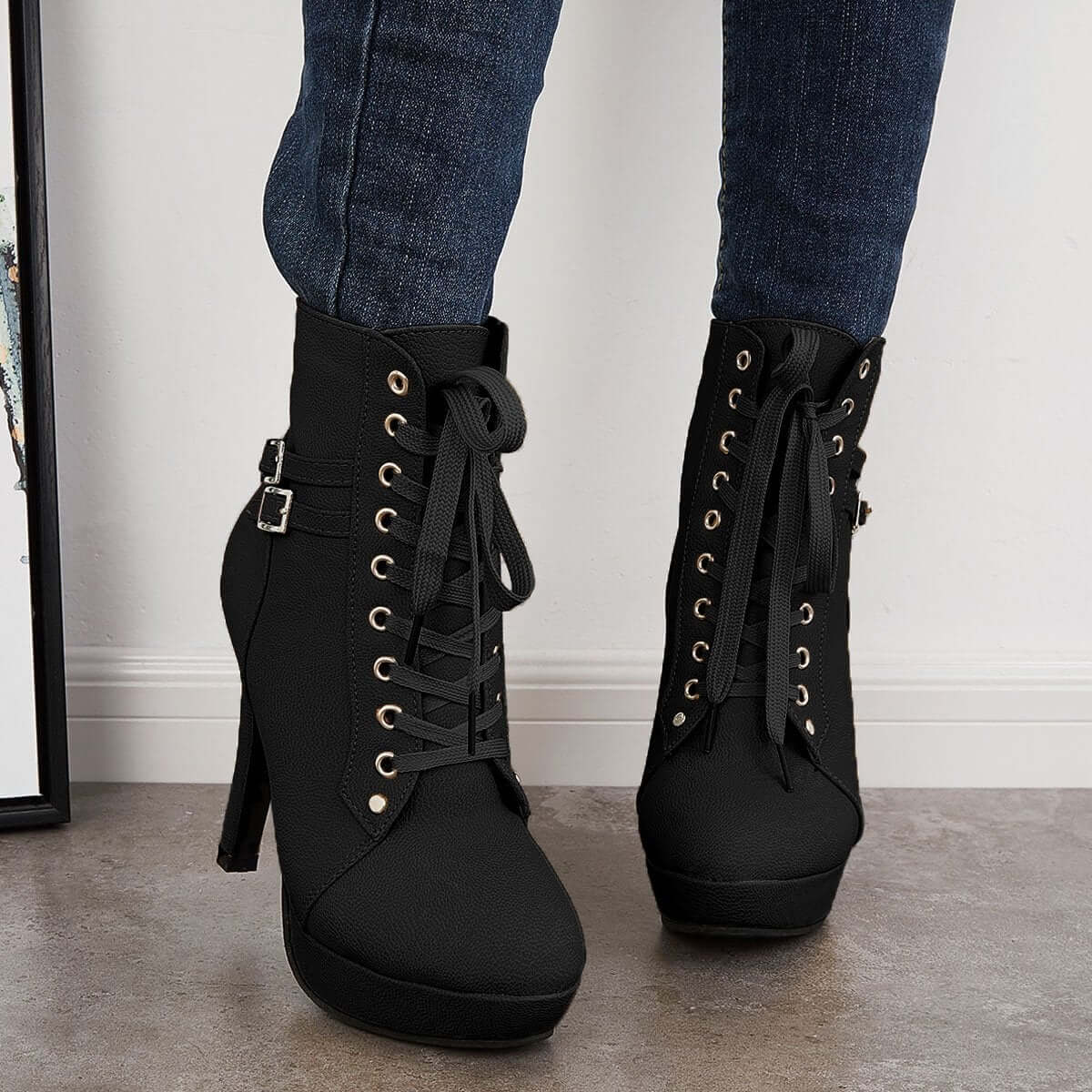 Chunky Platform High Heel Ankle Boots Lace Up Booties