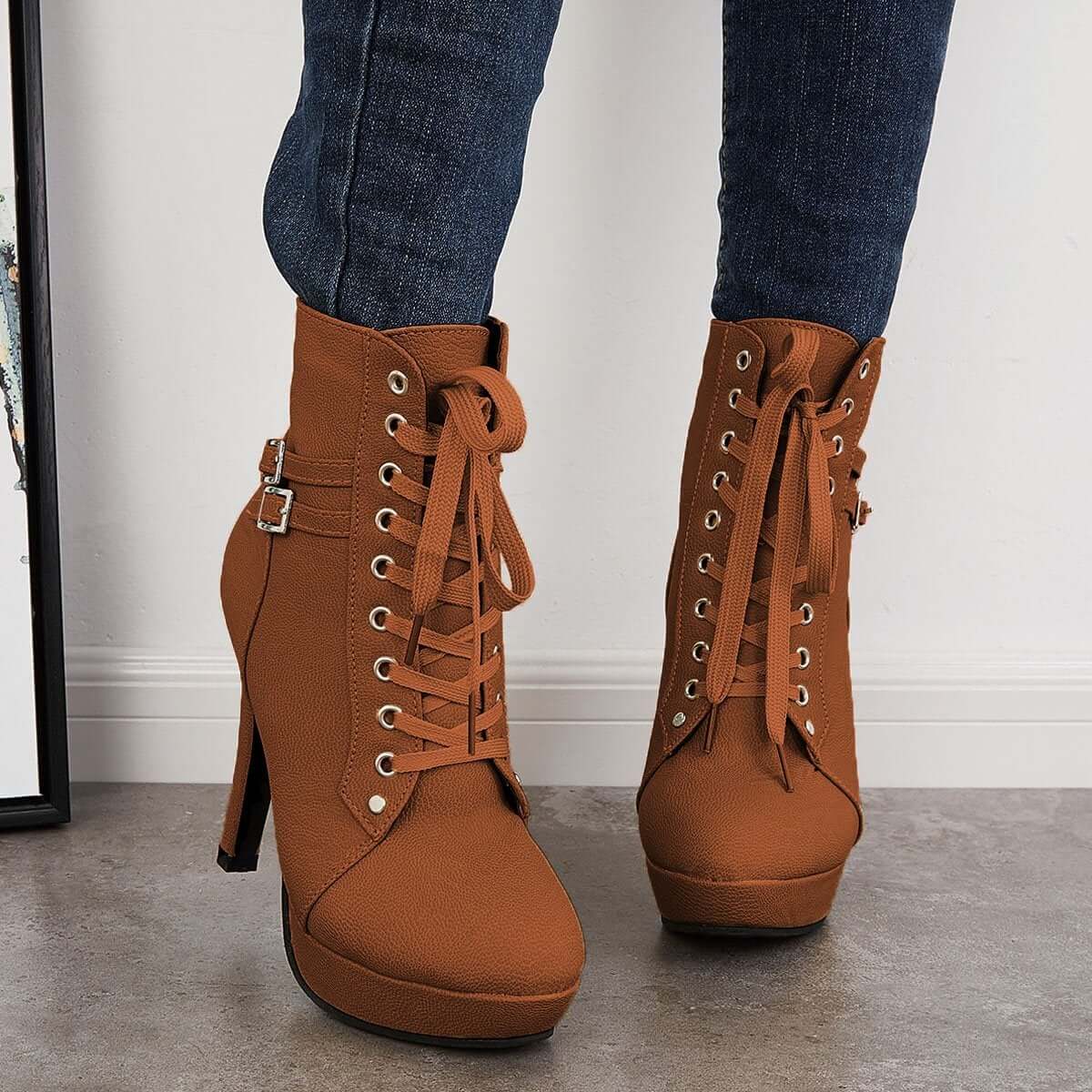 Chunky Platform High Heel Ankle Boots Lace Up Booties