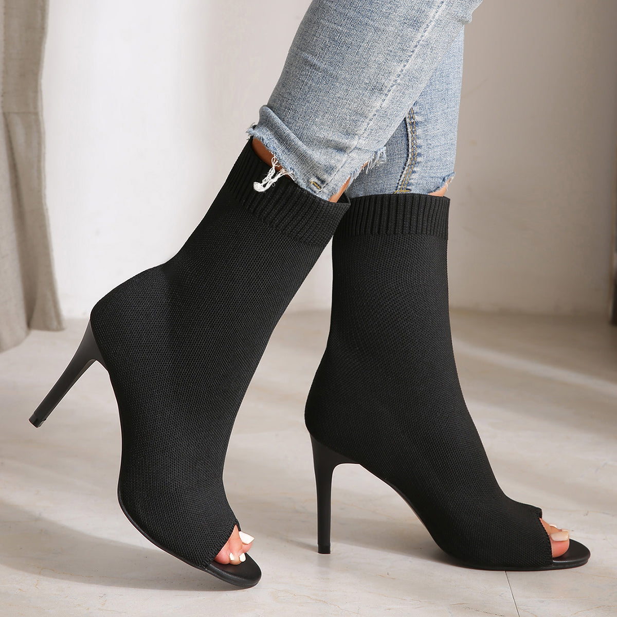 Women's Black Peep Toe Stiletto High Heel Sandals Stretch Knit Sock Booties