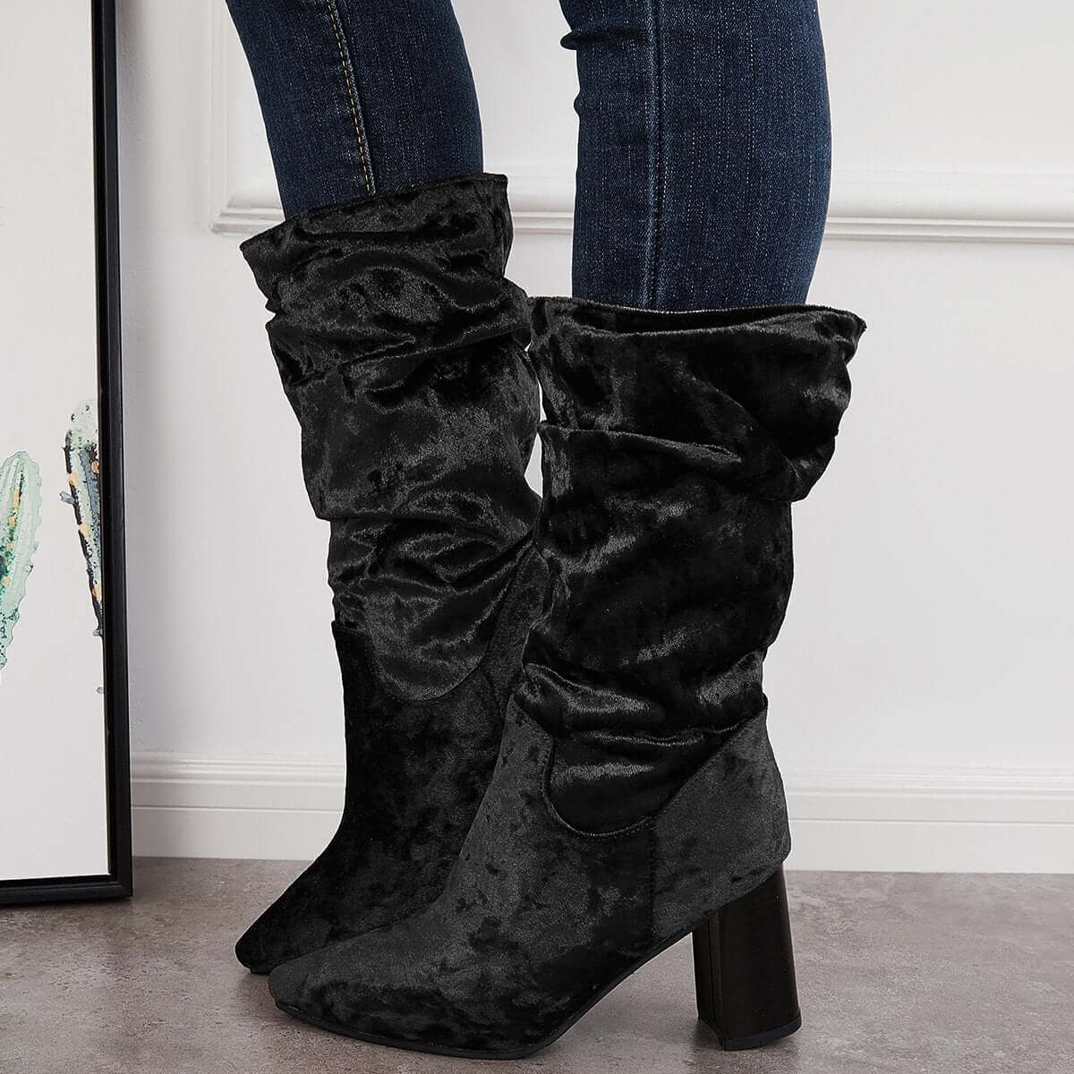 Slouch Mid Calf Boots Wide Calf Chunky Block Heel Boots for Women