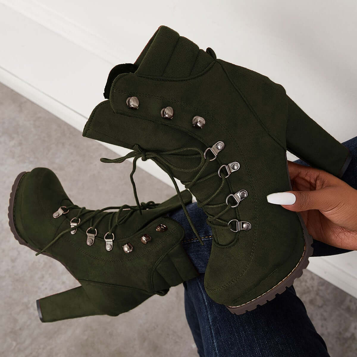 Women's Non Slip Chunky Platform High Heels Lace Up Ankle Boots