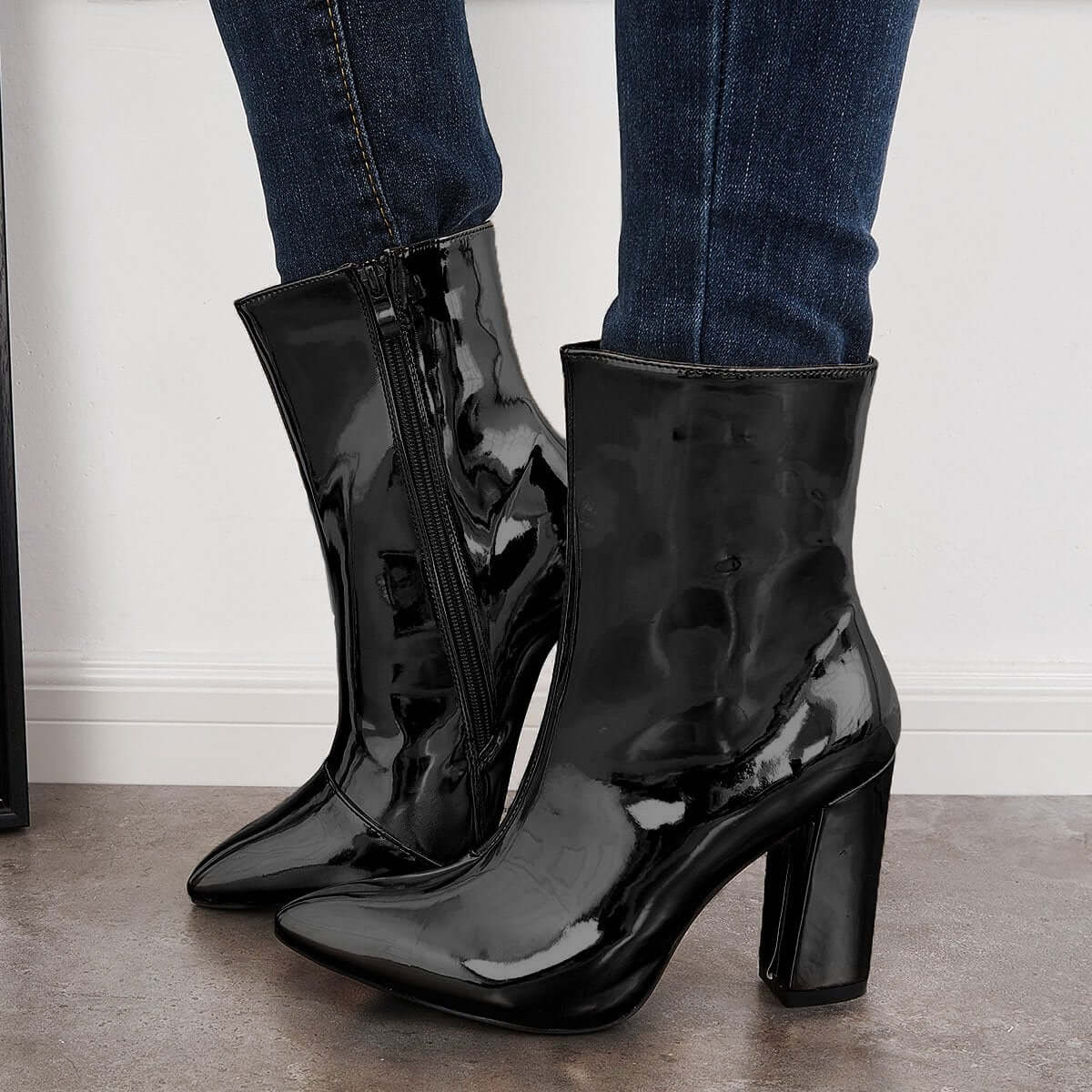 Women's Patent Leather Pointed Toe Ankle Boots Chunky High Heel Booties