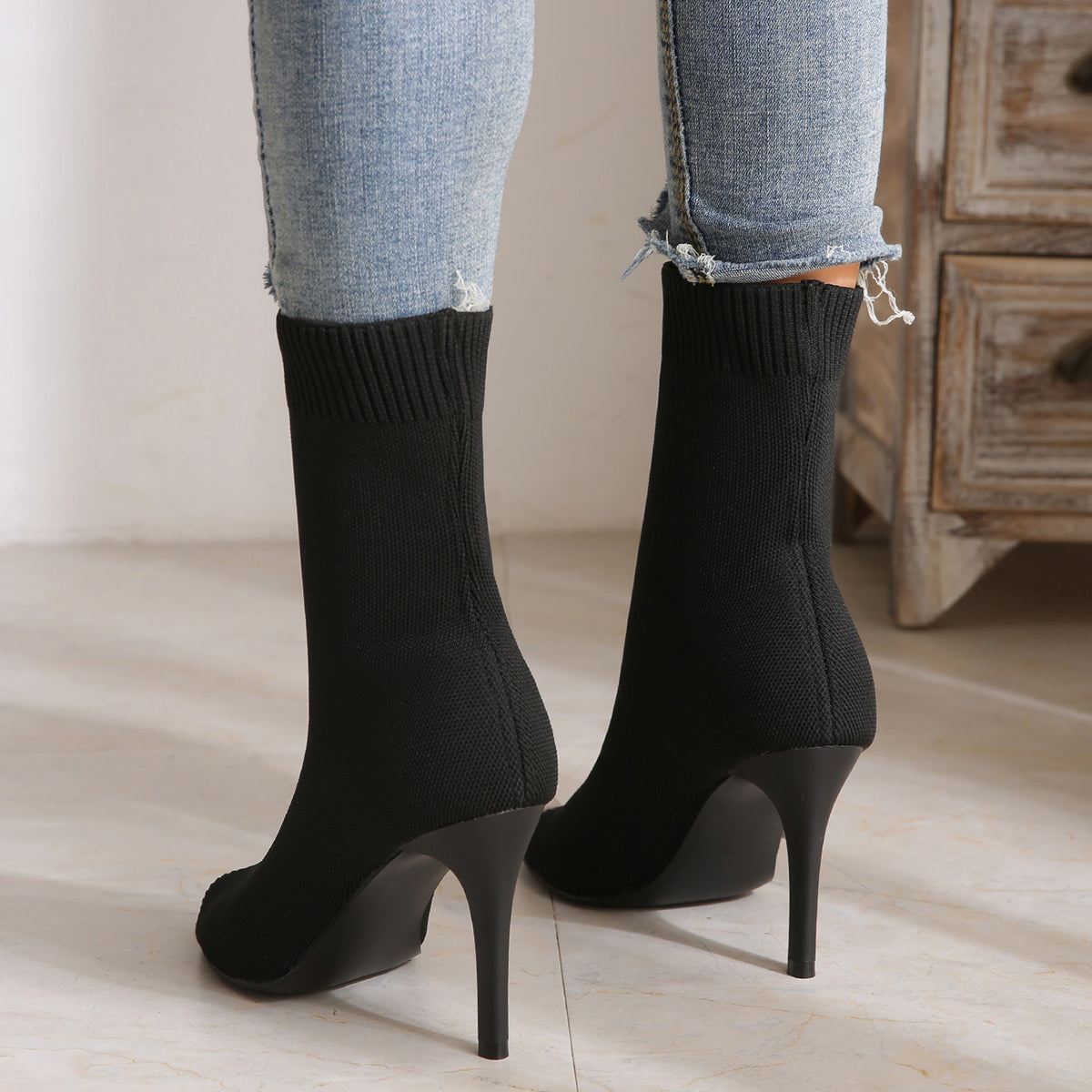 Women's Black Peep Toe Stiletto High Heel Sandals Stretch Knit Sock Booties