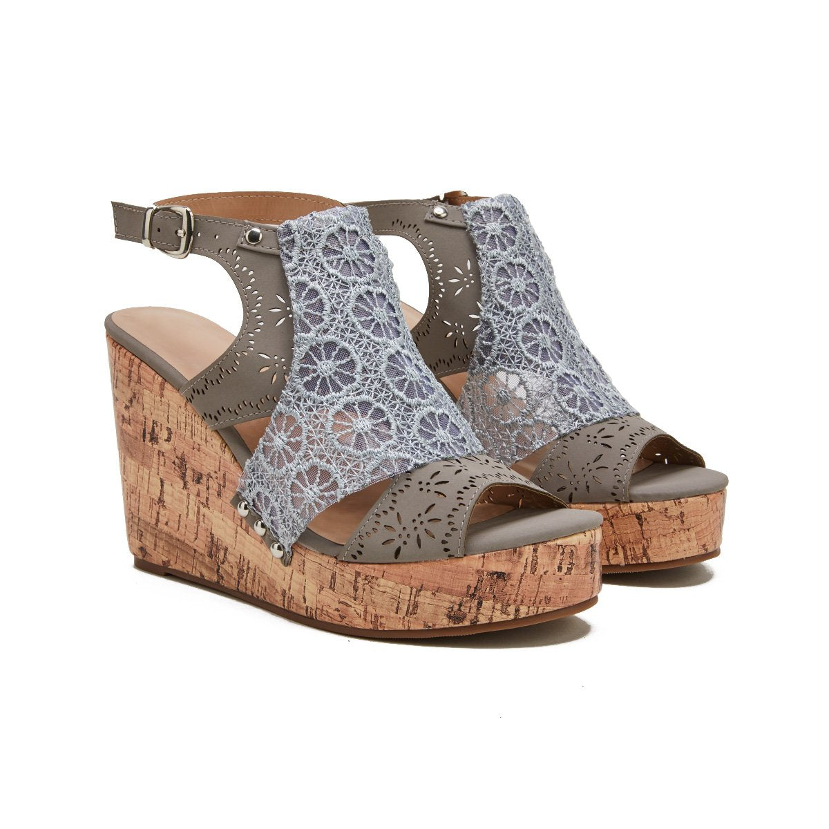 Women's Gray Summer Platform Wedge Sandals Open Toe Lace Cork High Heel Sandals