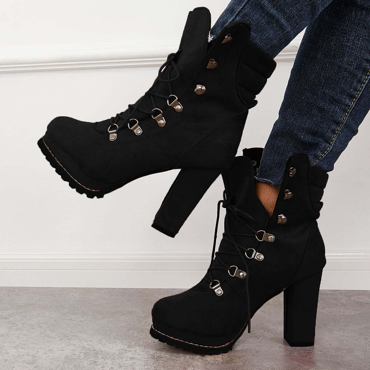 Non Slip Chunky Platform High Heels Lace Up Ankle Boots