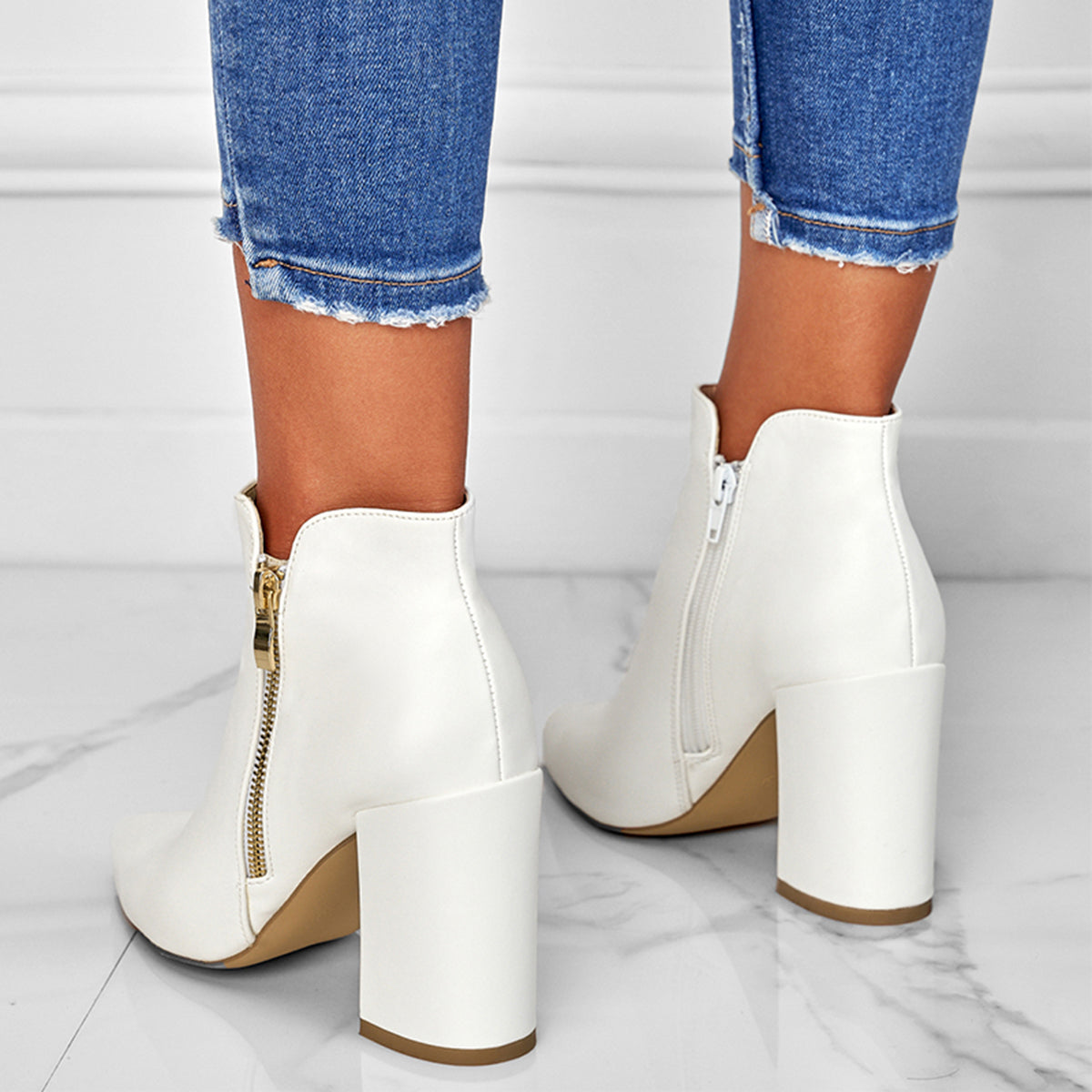 Women Chunky Heel Booties Pointed Toe Side Zip Ankle Boots