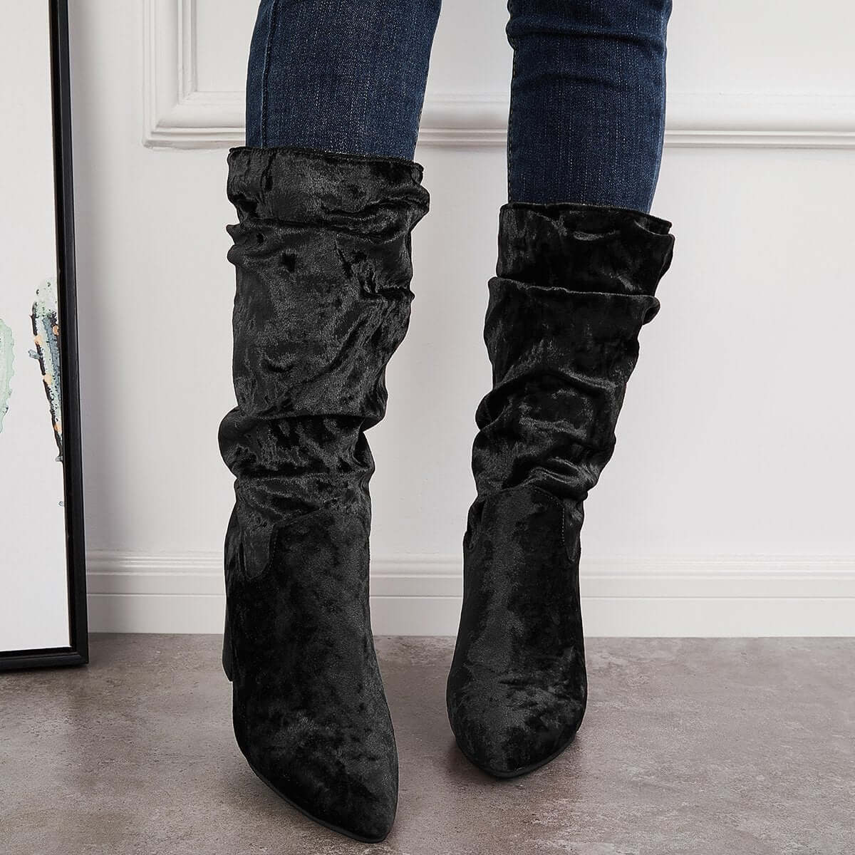 Slouch Mid Calf Boots Wide Calf Chunky Block Heel Boots for Women