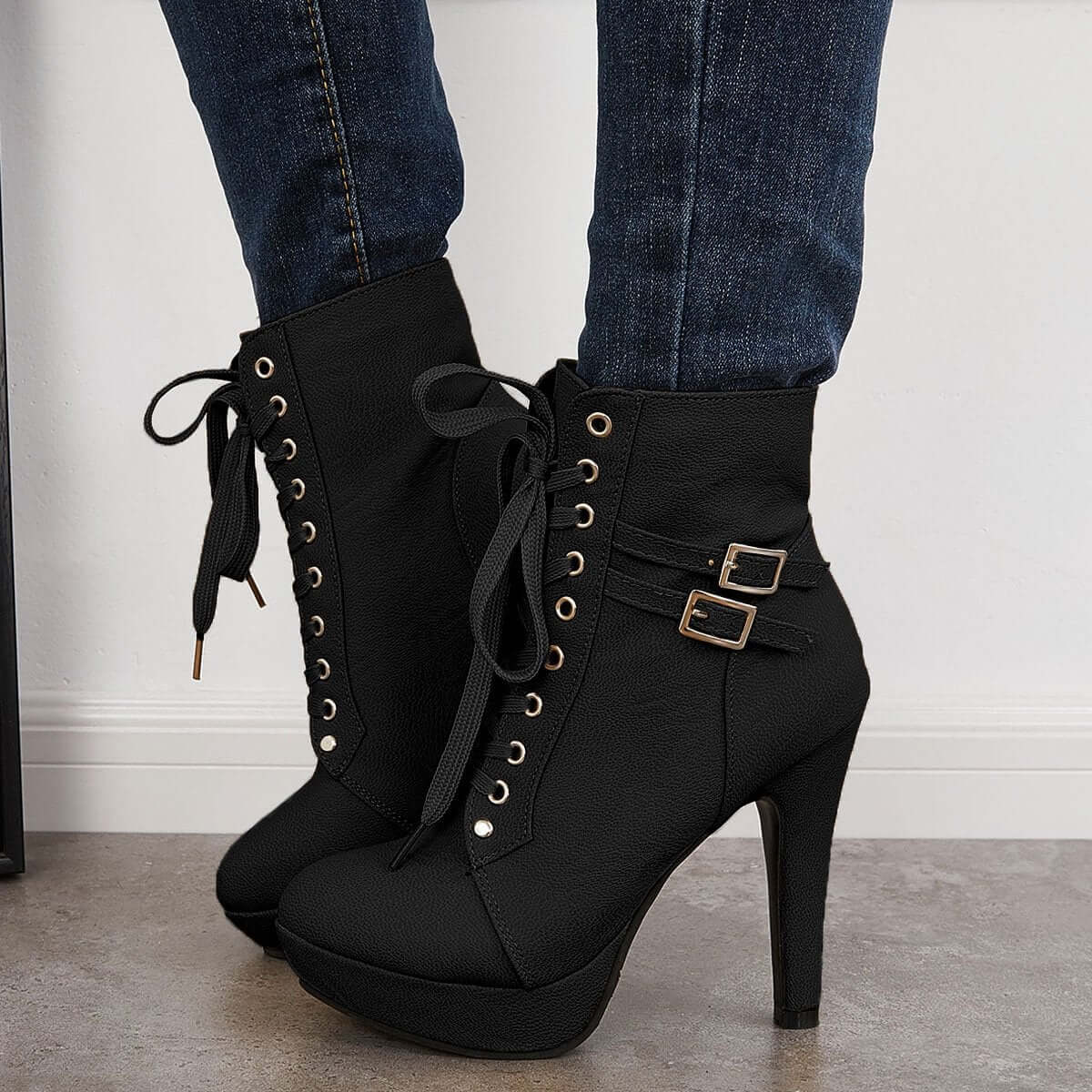 Chunky Platform High Heel Ankle Boots Lace Up Booties