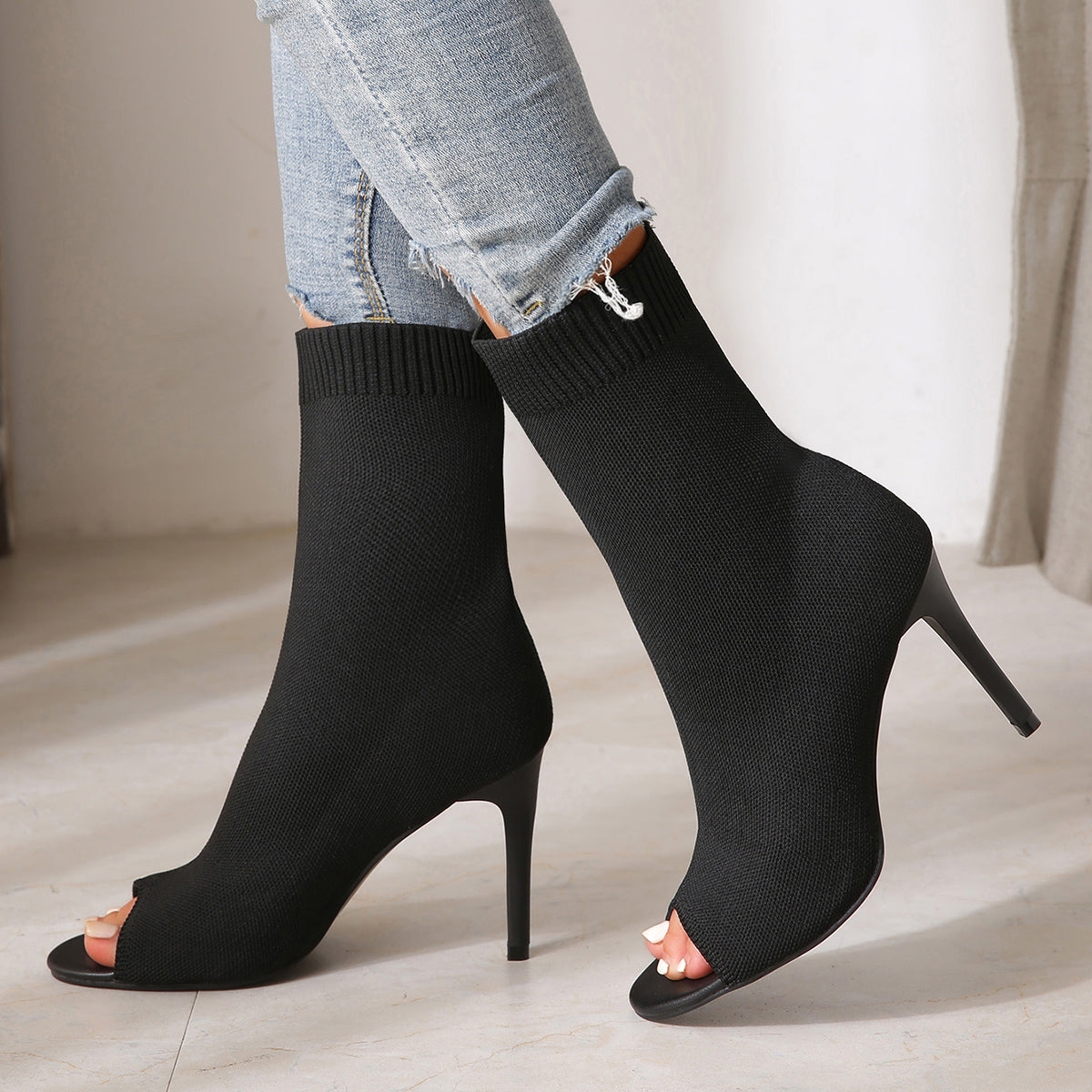 Women's Black Peep Toe Stiletto High Heel Sandals Stretch Knit Sock Booties