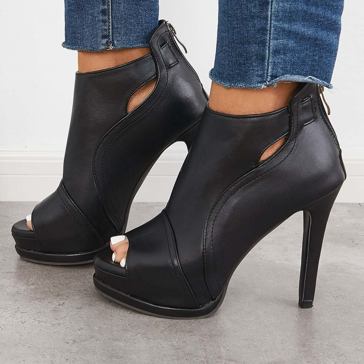 Women's Black High Heels Hallow Out Elegant Peep Toe Ankle Heel Boots Imily Bela