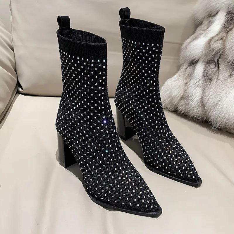 Futurecen-Rhinetone Decor Knit Chunky Heeled Ankle Boots