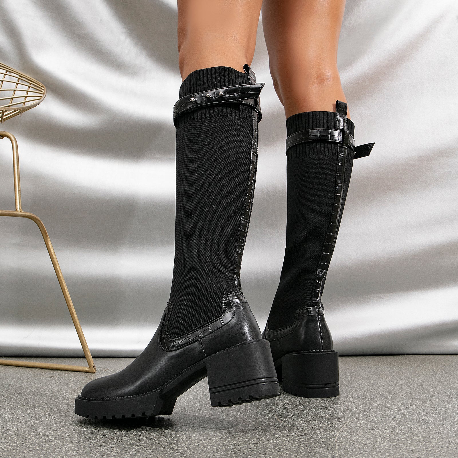 Futurecen- Two Tone Strap Decor Chunky Heeled Knit High Boots