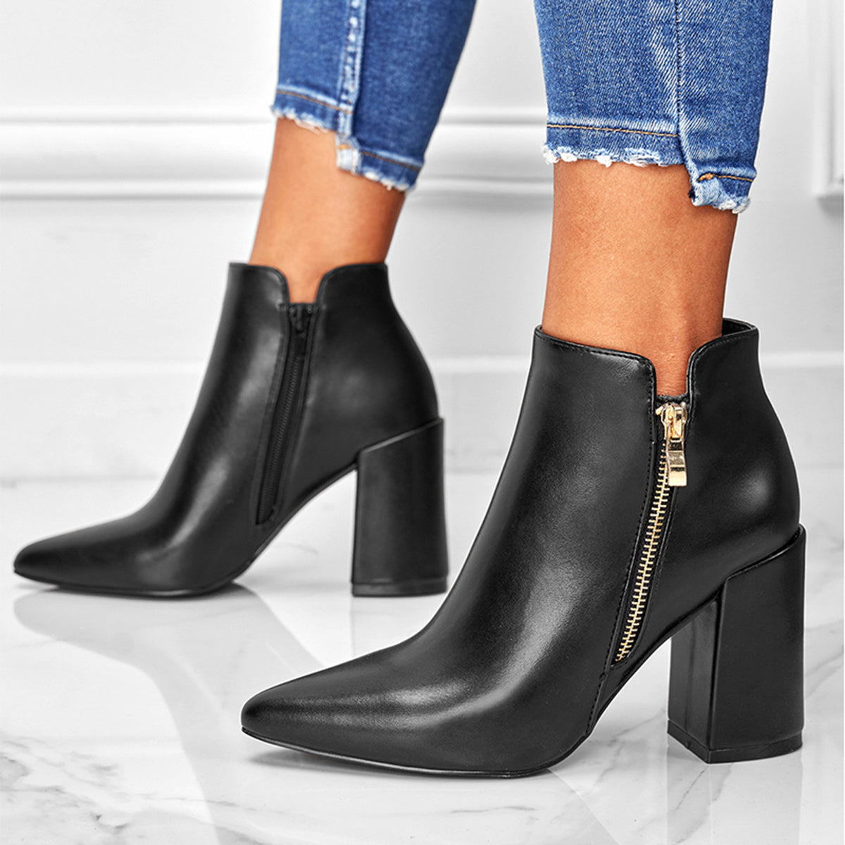 Women Chunky Heel Booties Pointed Toe Side Zip Ankle Boots