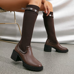 Futurecen- Two Tone Strap Decor Chunky Heeled Knit High Boots