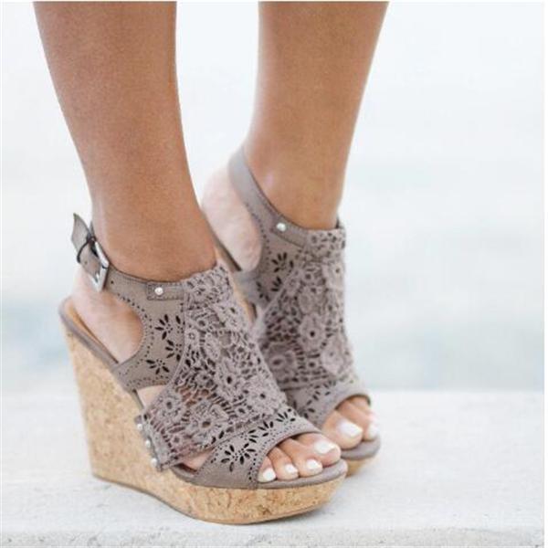 Women's Gray Summer Platform Wedge Sandals Open Toe Lace Cork High Heel Sandals