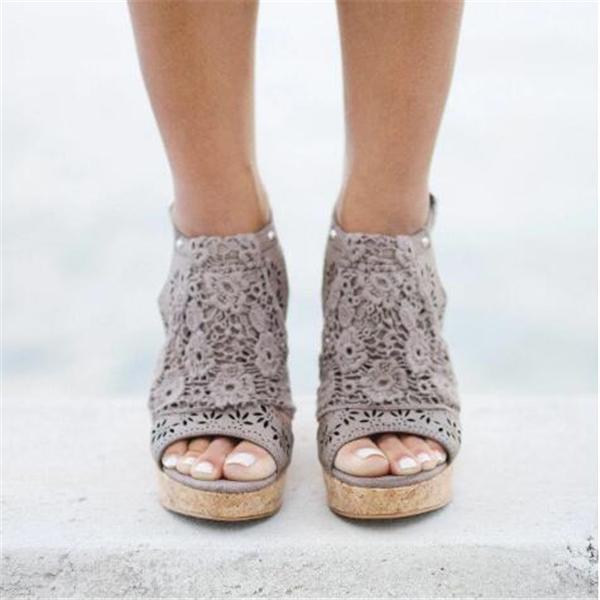 Women's Gray Summer Platform Wedge Sandals Open Toe Lace Cork High Heel Sandals