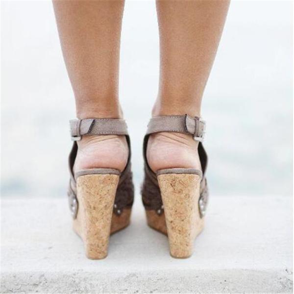 Women's Gray Summer Platform Wedge Sandals Open Toe Lace Cork High Heel Sandals