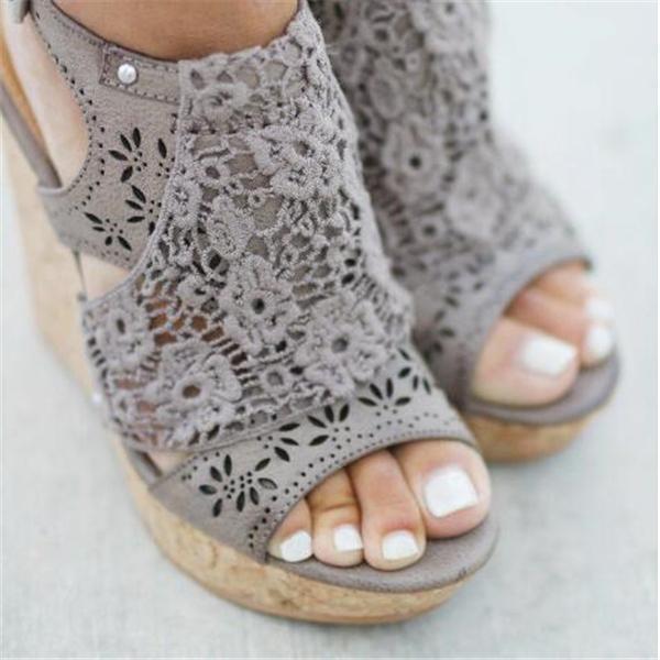 Women's Gray Summer Platform Wedge Sandals Open Toe Lace Cork High Heel Sandals