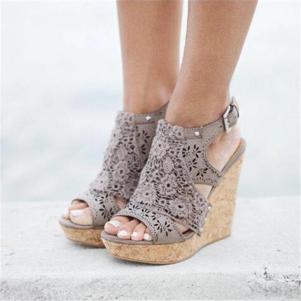 Women's Gray Summer Platform Wedge Sandals Open Toe Lace Cork High Heel Sandals